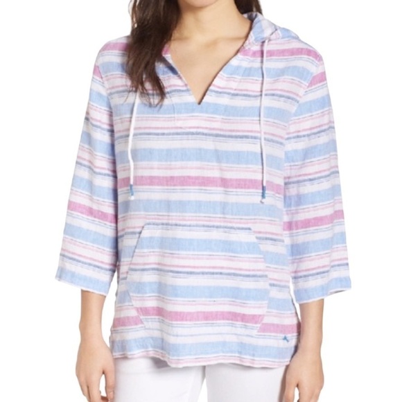 TOMMY BAHAMA Linen Tulum Striped Hooded Top Size Medium - Picture 1 of 14